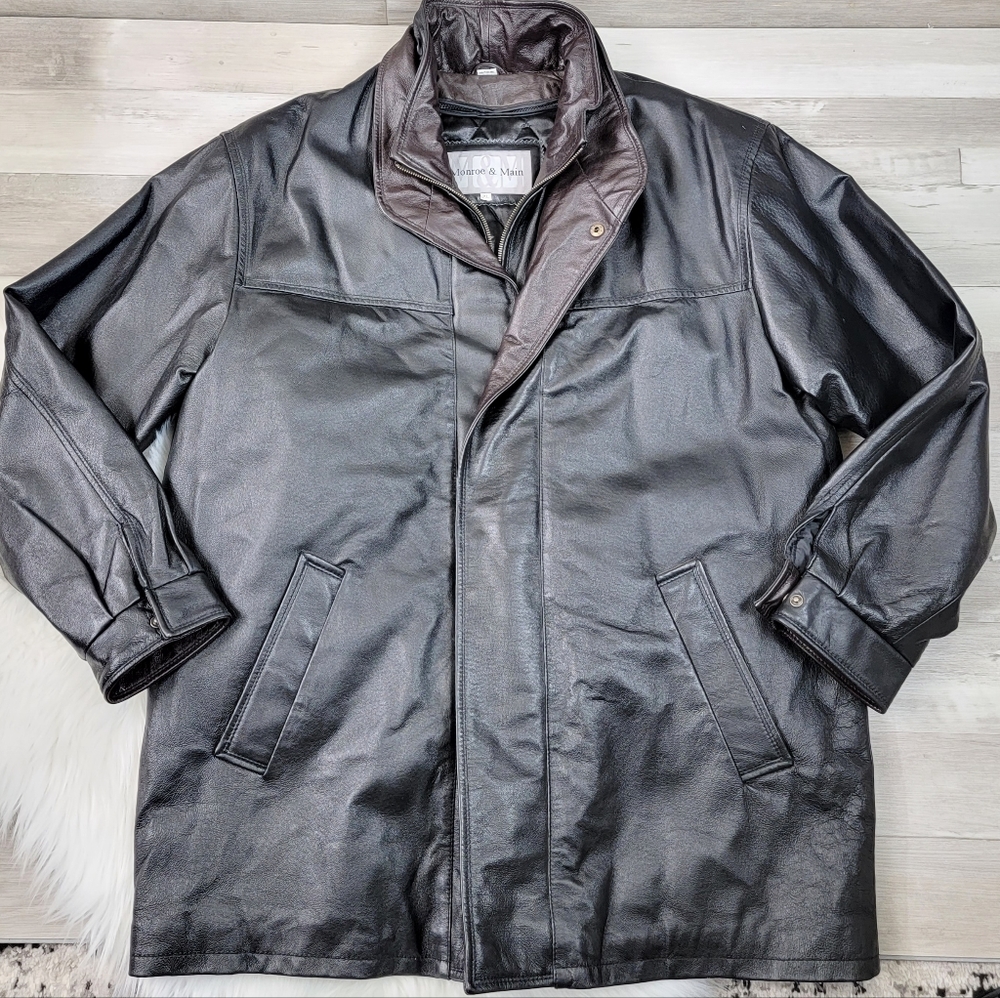 Vintage Monroe & Main Cognac, Black Quilt Lined Leather Coat Mens Size XL